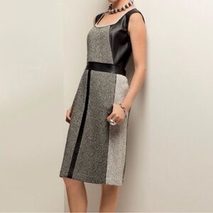 Lafayette 148 Boucle Tweed Leather Trim Black Sleeveless  Sheath Dress Size 12